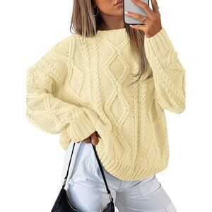 Women's Creamy Corn Imported Pull On Oversized Cable Knit Crew Neck Sweaters